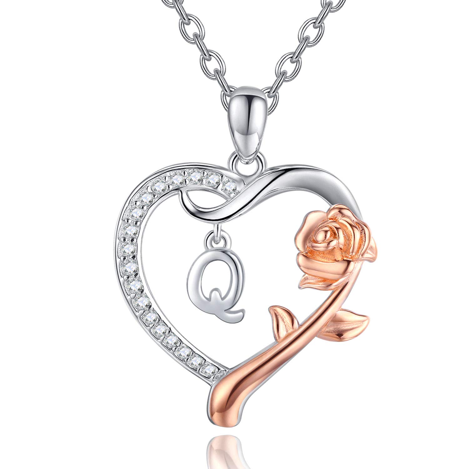 CHENGHONG Collana in argento Sterling con ciondolo a forma di cuore con lettera dell'alfabeto, rosa, idea regalo per donne e ragazze, Argento sterling