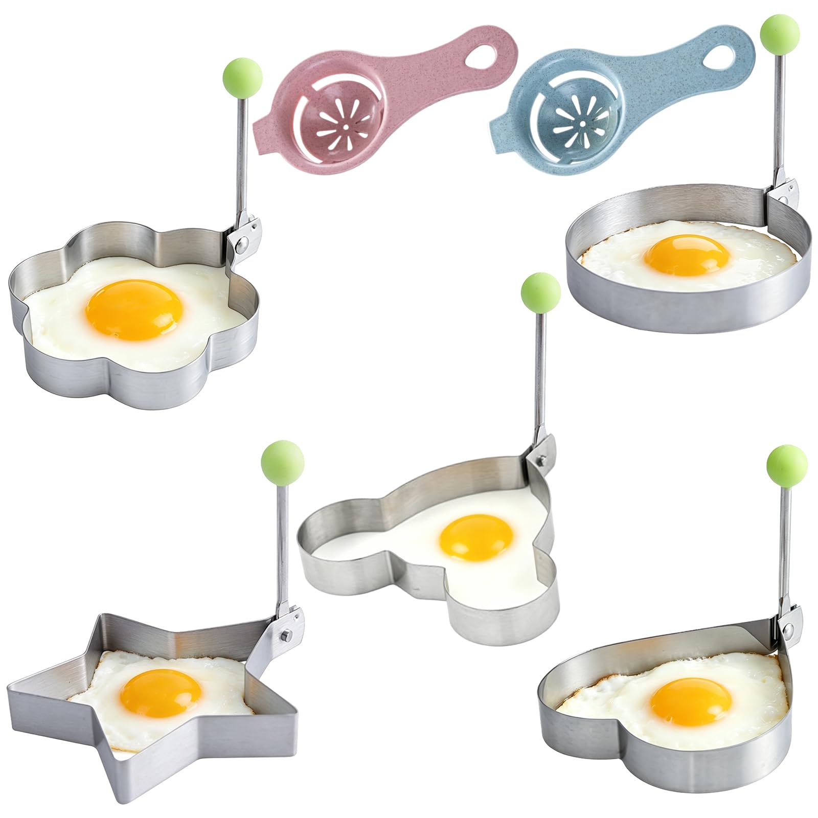 7Pcs Fried Egg Ring, Egg Cooking Rings with Strainers, Non-Stick Pancake Mould for Breakfast Cooking, Kitchen Gadgets for Perfectly Shaped Fried Eggs, Easy to Use and Clean
