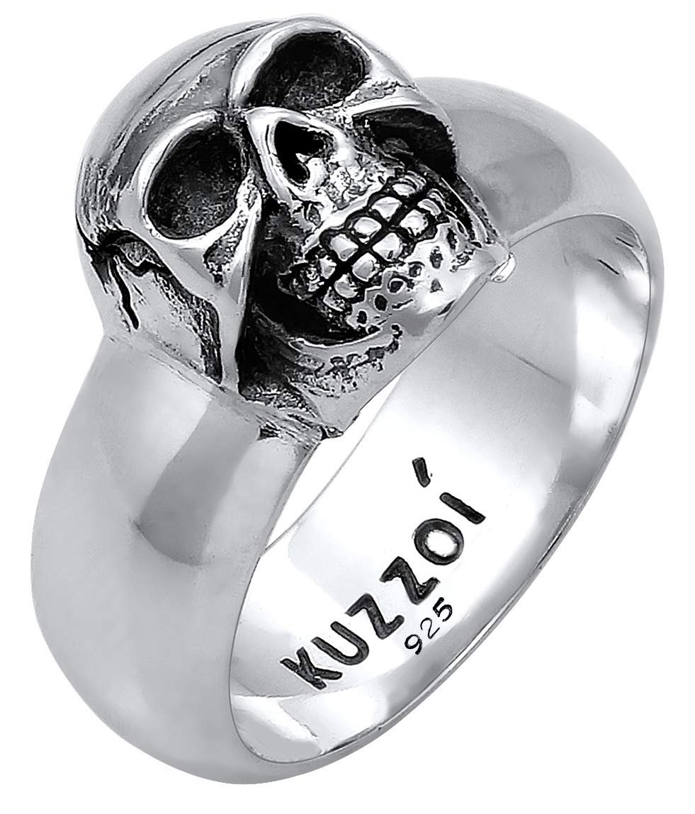 Kuzzoi Anillo de hombre de calavera maciza de 10 mm de ancho en plata de ley 925, negro oxidado con grabado, talla 60-66, 0601662919