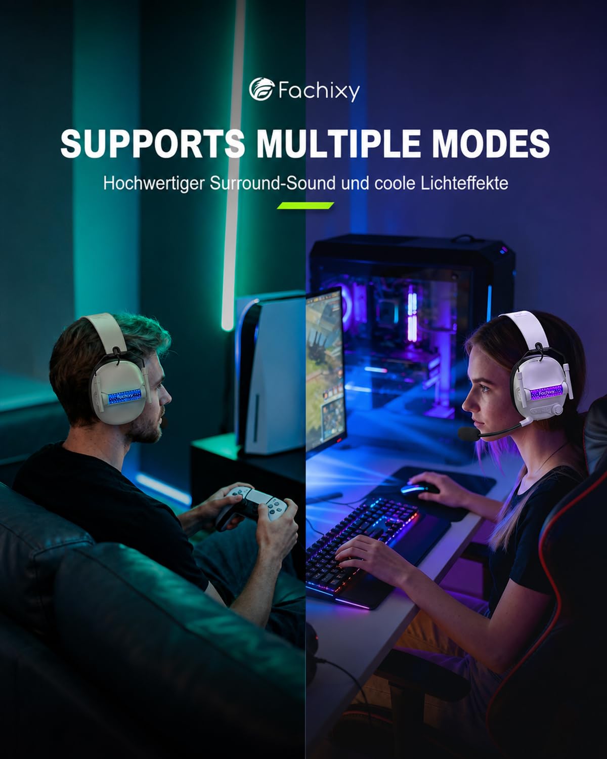 Gaming Headset Wireless für Xbox Series X|S|One, PC, PS5, PS4, Switch, 2.4GHz Und Bluetooth 5.4 Headset Kabellos mit Mikrofon, Geringe Latenz Noise Cancelling, Faltbar, mit LED Licht 60h Akkulaufzeit