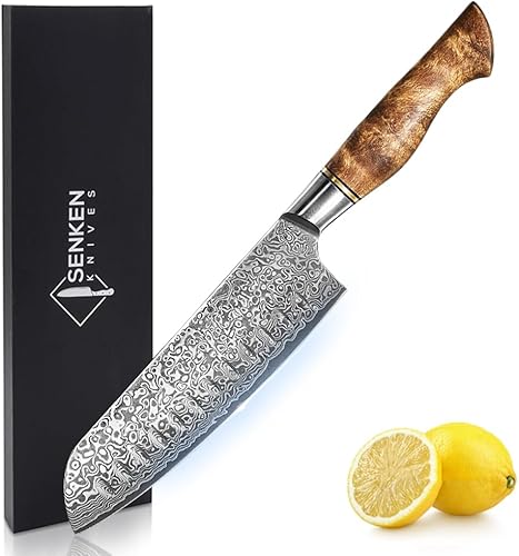 SENKEN - Cuchillo Santoku de acero de Damasco de 7 pulgadas, colección Dynasty, acero japonés VG10 de 67 capas con mango de madera de sicomoro, filo