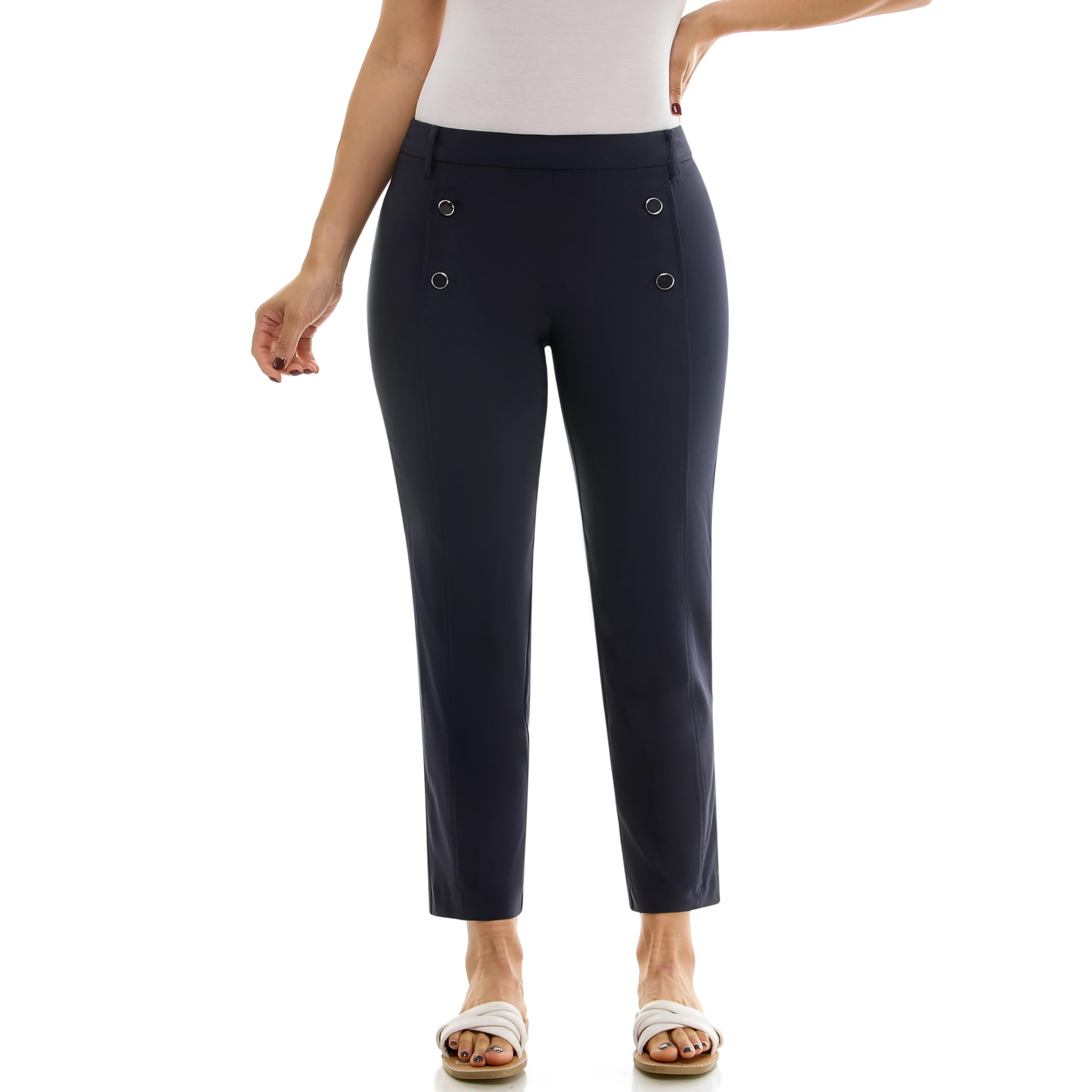 Zac & Rachel Women's Pull on Ankle Length Pant w/Four Button Front Detail and Belt Loops