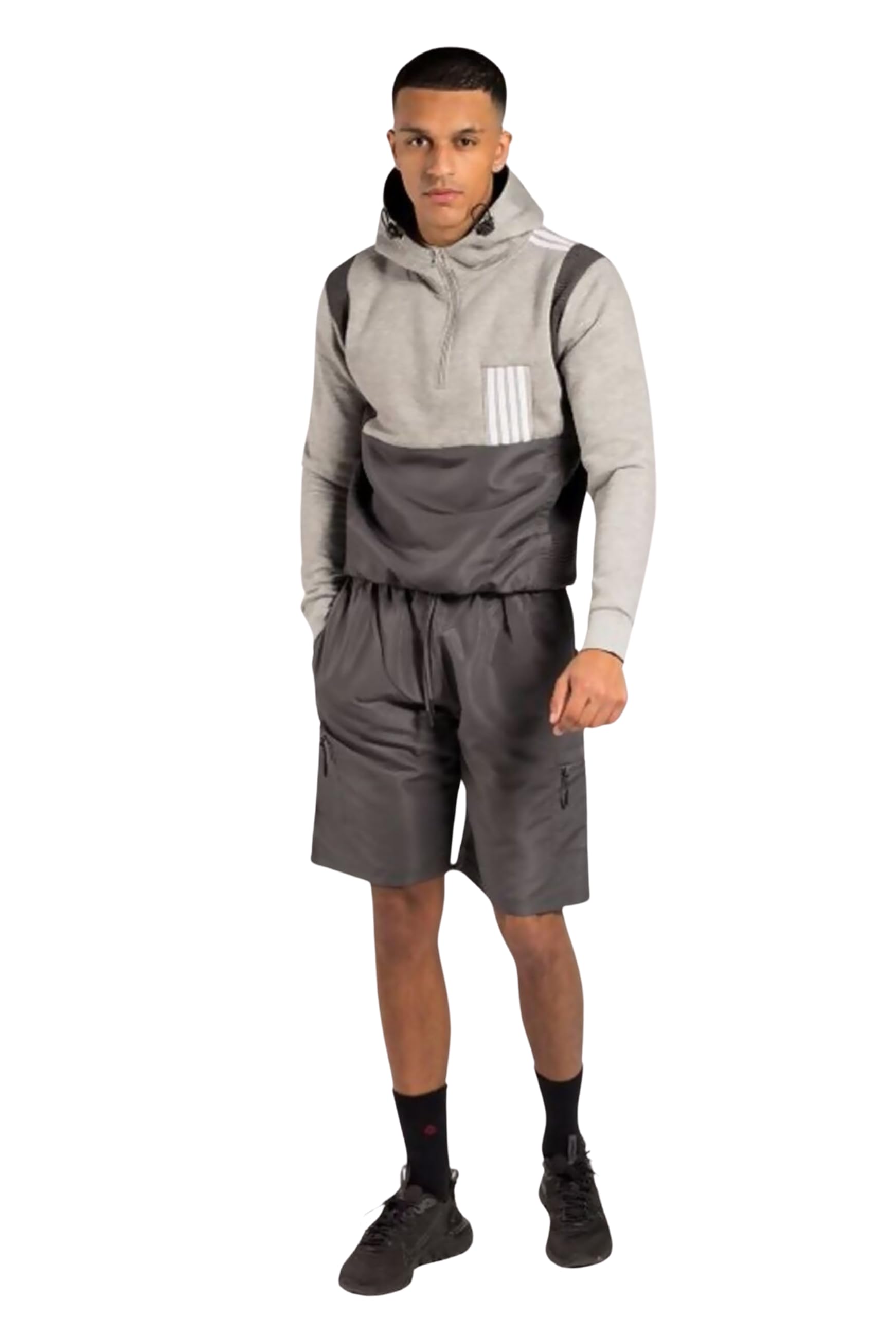 Aarhon Men's Grey Long Sleeve Contrast Zip Up Hooded Fleece Gym Sports Joggers Full Tracksuit Top Bottom Size M