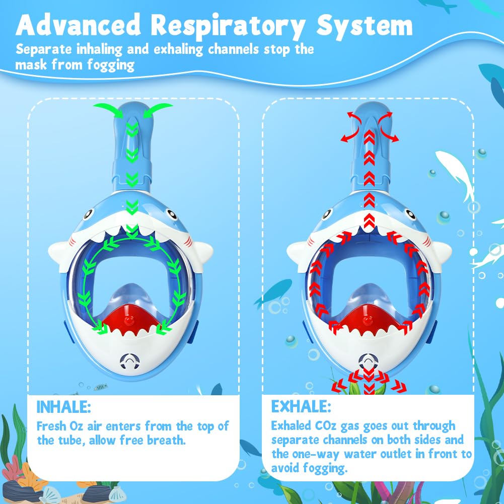 Maschera da Snorkeling per Bambini, 180° HD Anti-Appannamento e Anti-Perdita Maschera Integrale per Bambini, Snorkel Dry con Valvole Sicurezza, Dai 10 Annii