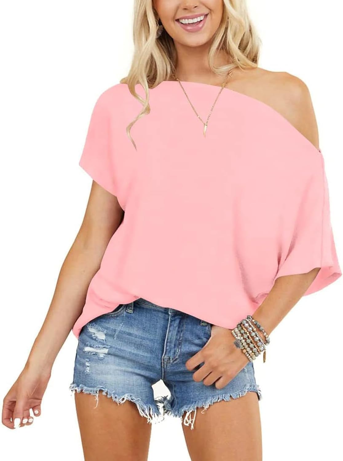 Off the Shoulder Tops for Women Short Sleeve Batwing Shirts Oversized Tee Tunic Sum...