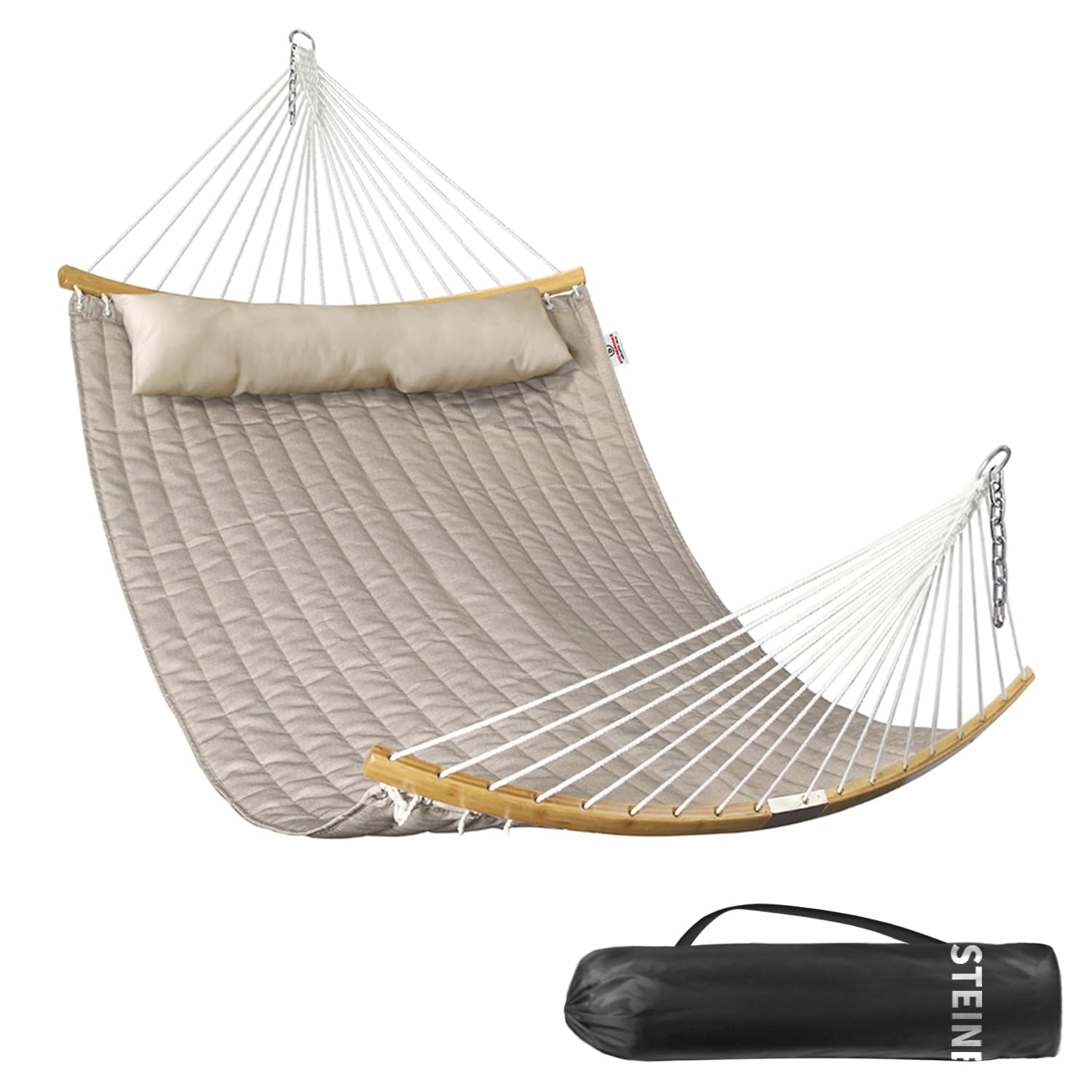 Bathonly Große Outdoor Hängematte für 2 Personen, 3m doppelhängematte, Gesteppte Stoffschaukel mit Faltbarer, gebogener Stange, abnehmbarem Kissen, Tragetasche, bis 204 kg belastbar, Beige