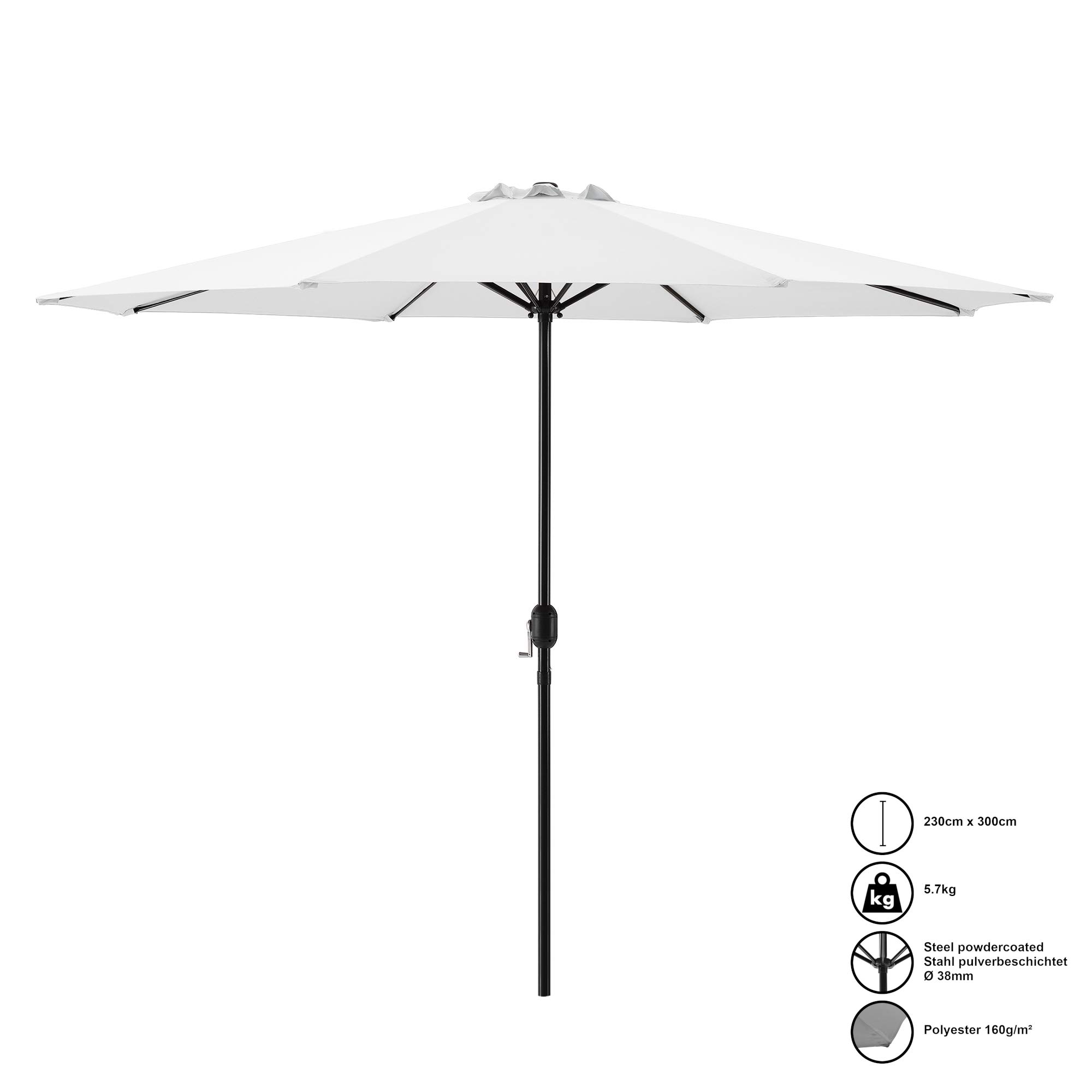 casa.pro Ombrellone da Giardino con Palo Centrale e Meccanismo a Manovella Tela Ampia Ø300 cm in Poliestere Resistente UV Altezza 230 cm Bianco