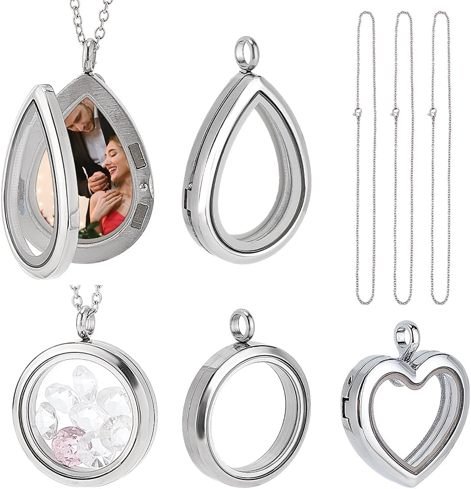 PH PandaHall 3 Styles Locket Pendant Necklace 304 Stainless Steel Memory Floating Charms Round Memory Necklace Teardrop Heart Pendant Buckle Closure for Women Friendship Necklace Memory Nostalgic