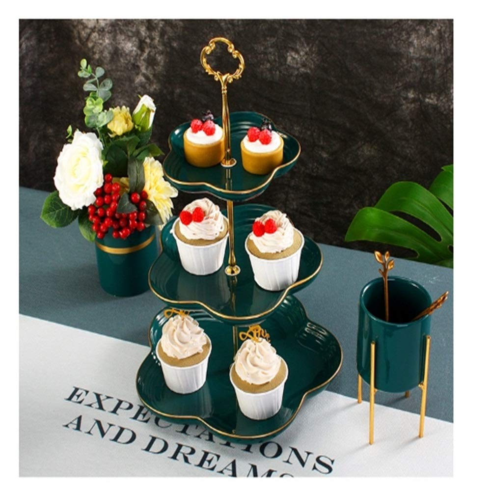 Soporte para Tartas, Ideal para cenas, cumpleaños, Bodas, Fiestas, con Tres Flores de cerámica, Ideal para Pasteles, Comida, Frutas y postres (Verde, Talla única).