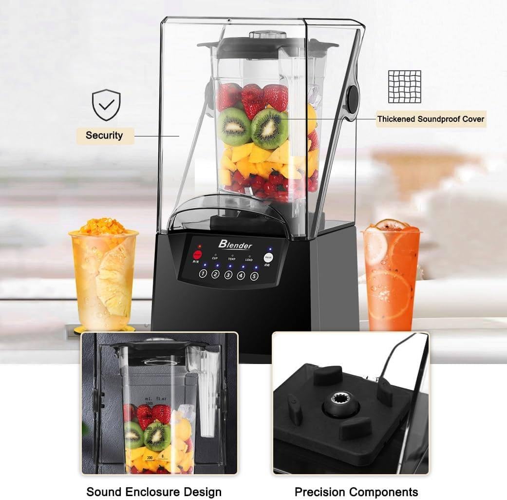 Licuadora comercial con escudo insonorizado, 2200 W de alta potencia, licuadora de cocina profesional con jarra de 70 onzas y autolimpieza, escudo extraíble, taza triturada