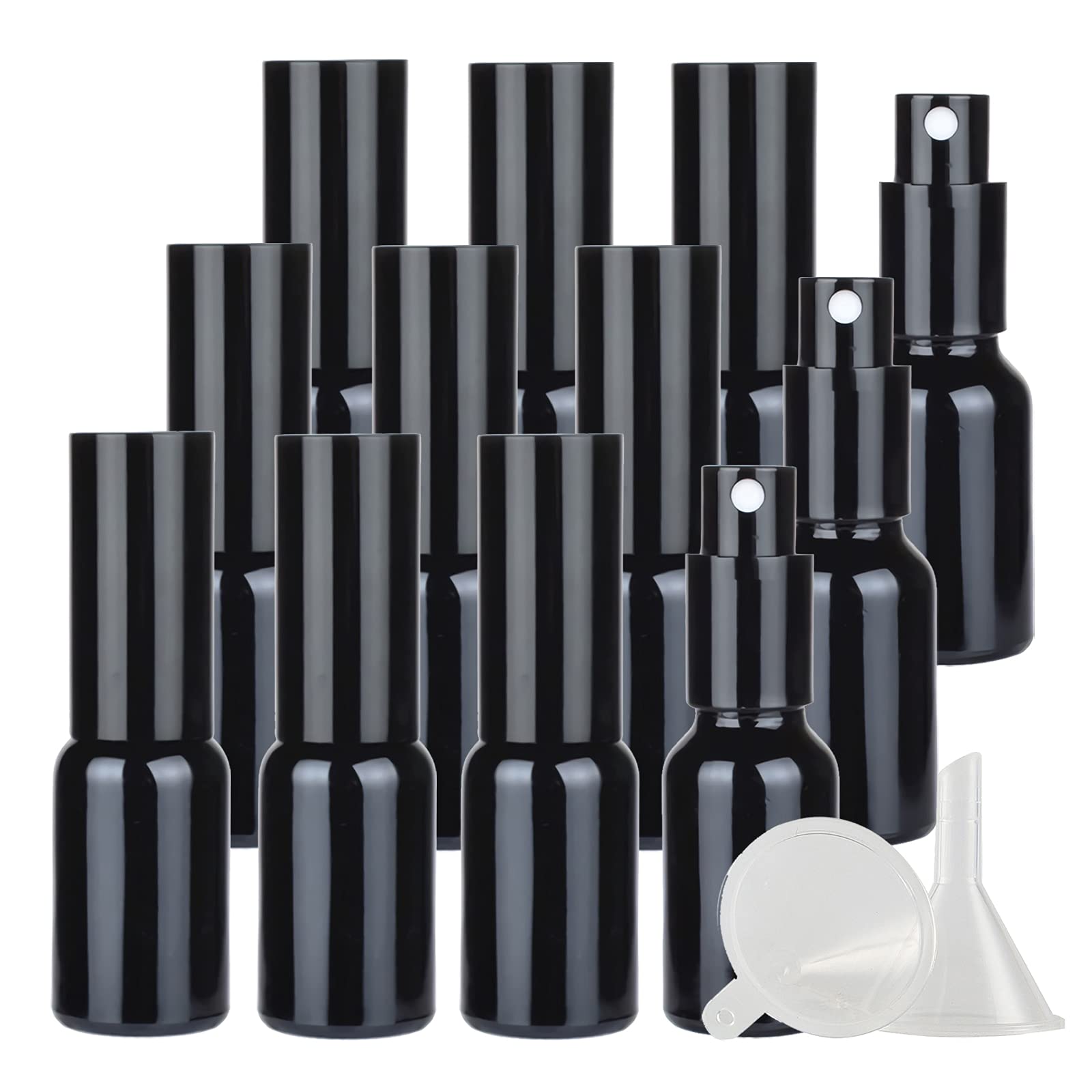 12 pezzis 15ml Flacone Spray in vetro Brillante Nero & 2 pezzis imbuto, 15 ml Spruzzatore liquido, Bottiglie Vuote Riutilizzabile da Viaggio Contenitori per Profumo Pulizia della Casa
