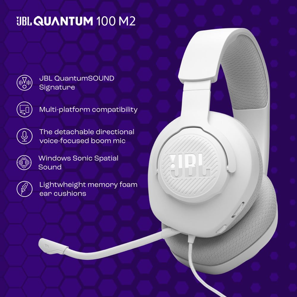 JBL Quantum 100M2 - Auriculares para Juegos con Cable omnidireccional, micrófono Desmontable con opción de Silencio y Almohadillas de Espuma viscoelástica Cubiertas de Tela, compatibles con Todas Las