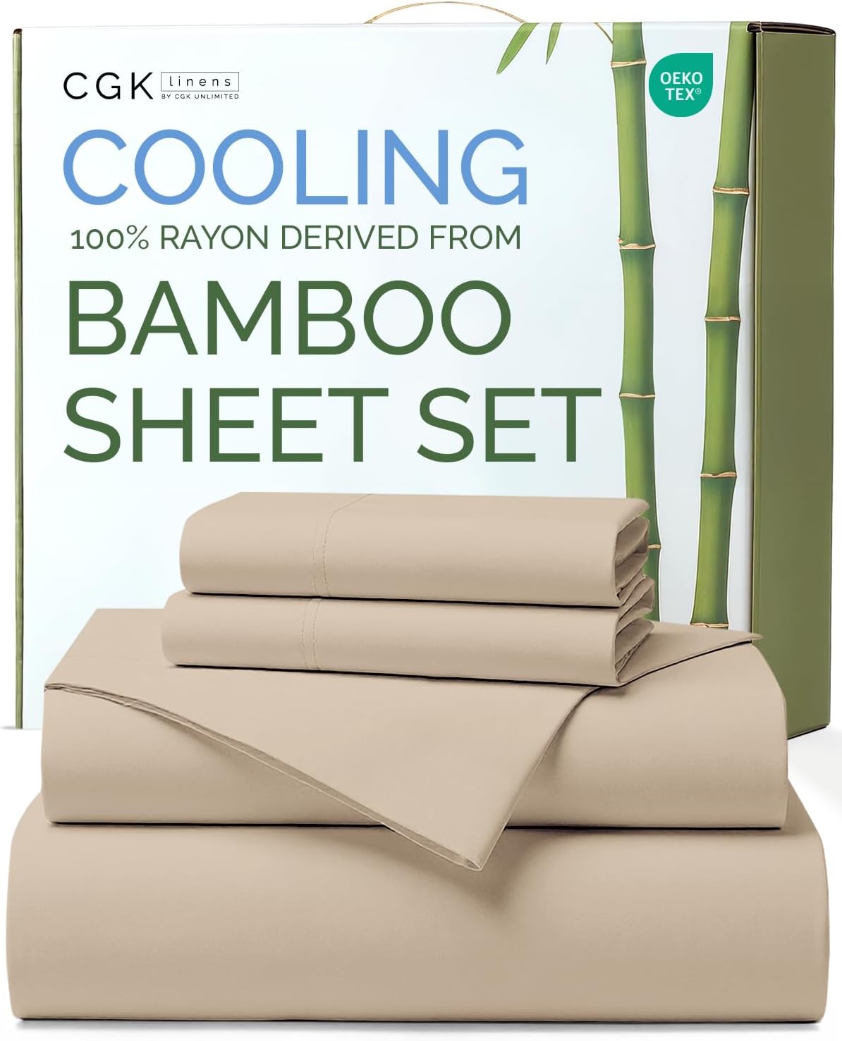 Sheets King Size - Cooling Sheets for King - 100% Rayon Derived from Bamboo - Ultra Soft, Breathable & Hotel Luxury Bedding - 1 Flat & 1 Fitted & 2 Pillowcases w/ 16 Inch Deep Pockets - Wheat