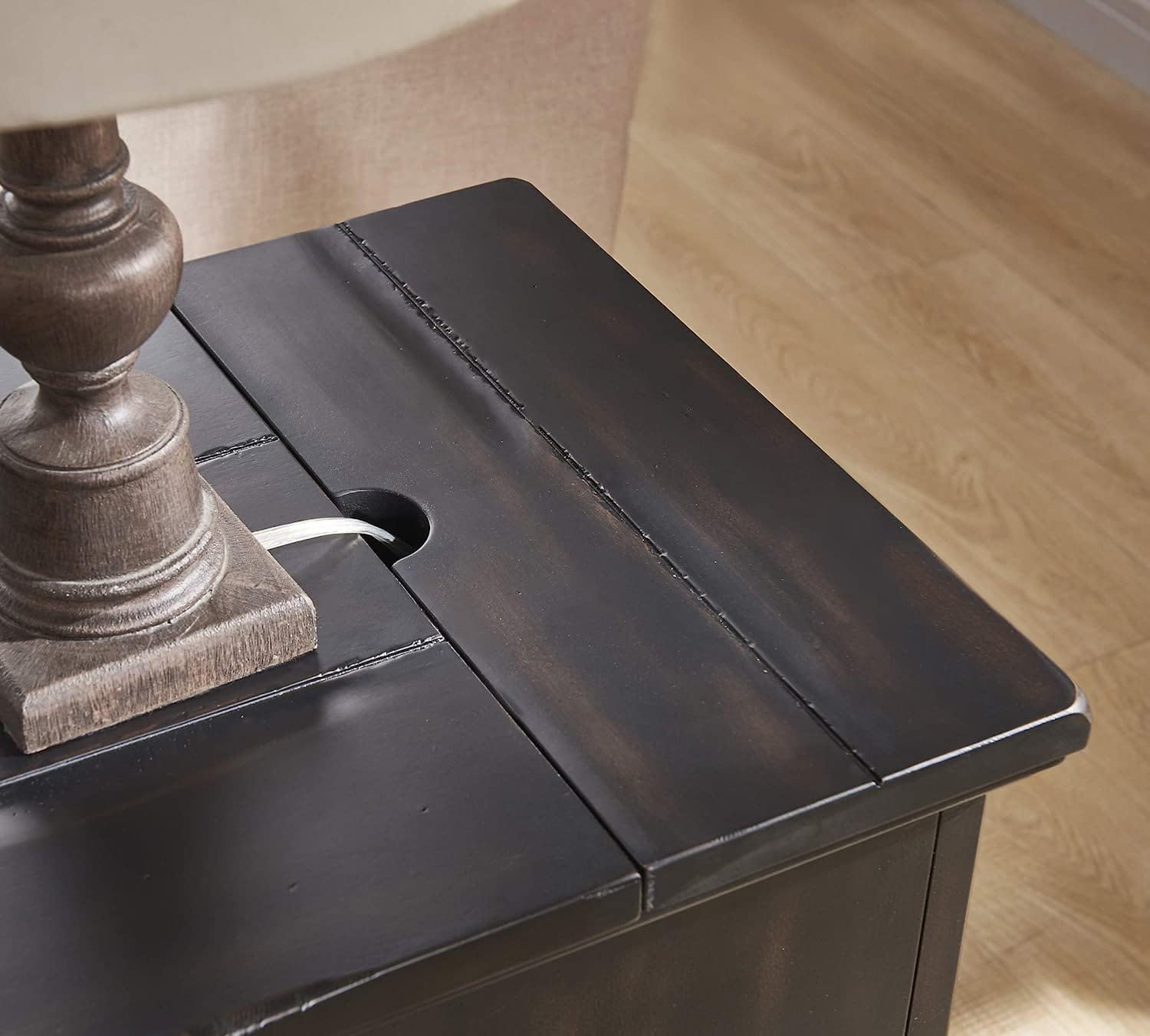 Saldana Chairside End Table with Cup Holders USB Ports & Outlets - Black Color