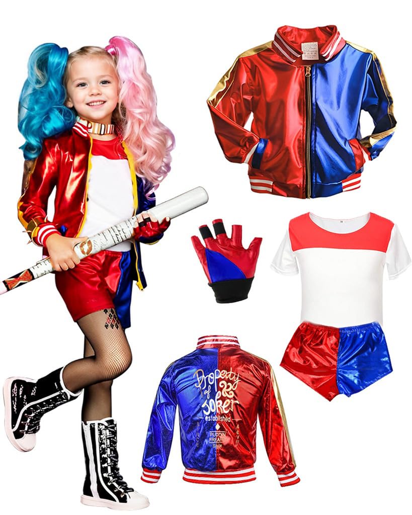 BITOYO Costume da Quinn Bambina, Costume da Quinn Clown Cosplay Joker Costume con T-Shirt Giacca Pantaloncini e Guanti Costumi per Ragazze Halloween Natale Carnevale Costumi Cosplay