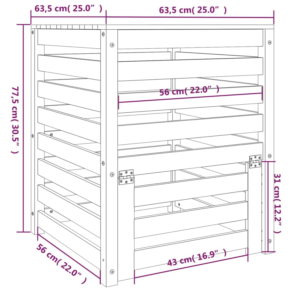 Kompostownik z litego drewna sosnowego w kolorze białym, 63,5 x 63,5 x 77,5 cm, pojemnik na kompost z pokrywką i klapką, listwy do wentylacji, do recyklingu odpadów ogrodowych na zewnątrz