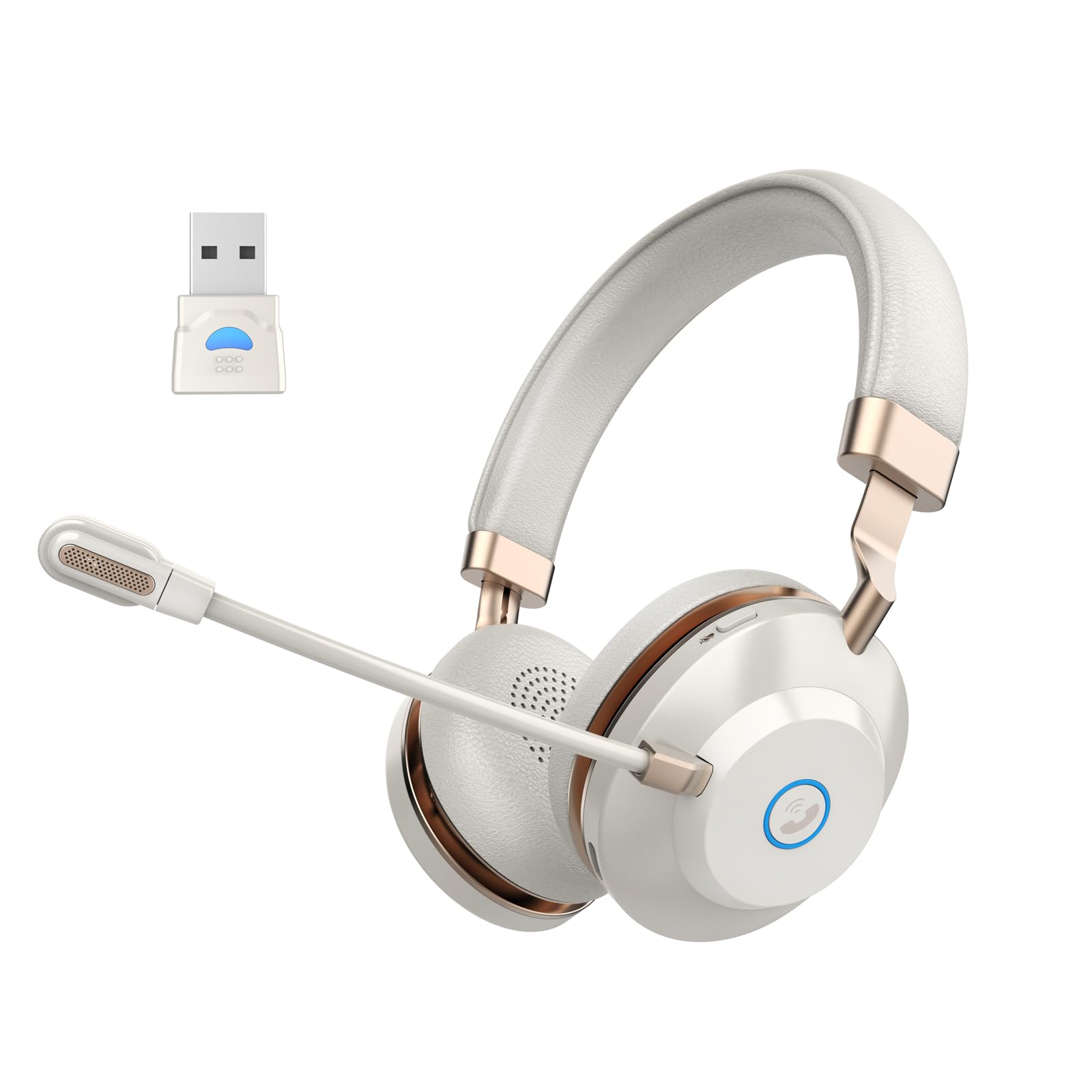 Cuffie wireless con microfono per lavoro, cuffie Bluetooth con microfono a cancellazione del rumore, cuffie wireless on-ear con dongle USB e funzione mute, per lavoro da casa, computer, ufficio