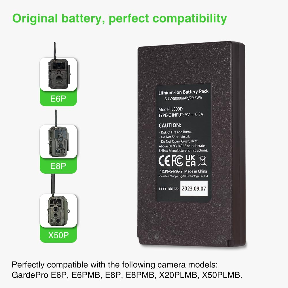GardePro L800D Batería Recargable de Litio de 8000mAh para Cámara de Caza GardePro E6 2.0 Pro, E6P, E6PMB, E8 2.0 Pro, E8P, E8PMB, E9 2.0 Pro, X50 Pro Max, X70 Pro, Puerto de Carga Tipo-C