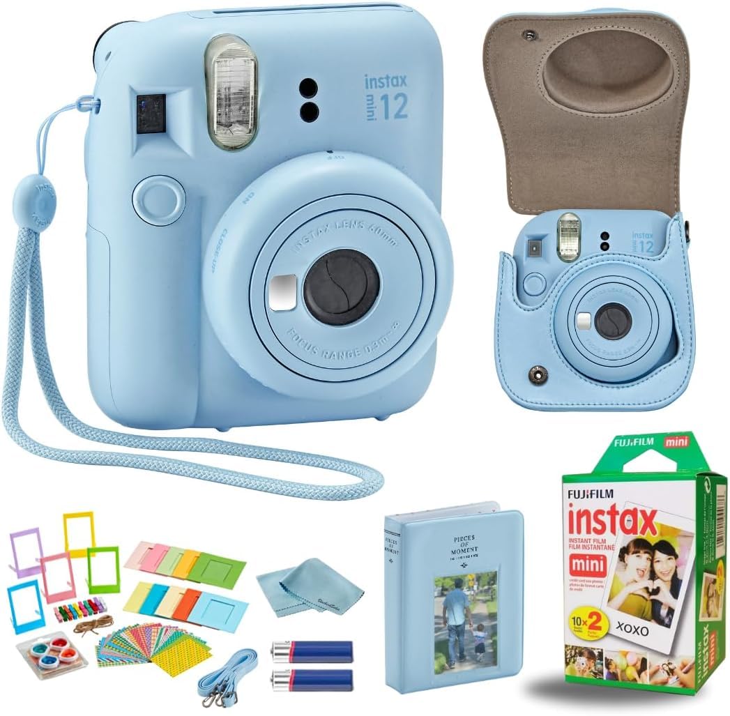 Fujifilm Instant Mini 12 Camera + Accessory Bundle & Compatible Custom Case + Fuji Instant (20 Shots) Designer Mini Photo Album (60 Pockets) (Pastel