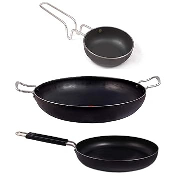 KITCHEN SHOPEE Traditional Iron Kadai 9 Inch Diameter &, Iron Cookware Skillet Frying Pan Tadka Pan 11 in & Iron Tadka Pan Original Loha with Steel Handle 4 in,10 cm