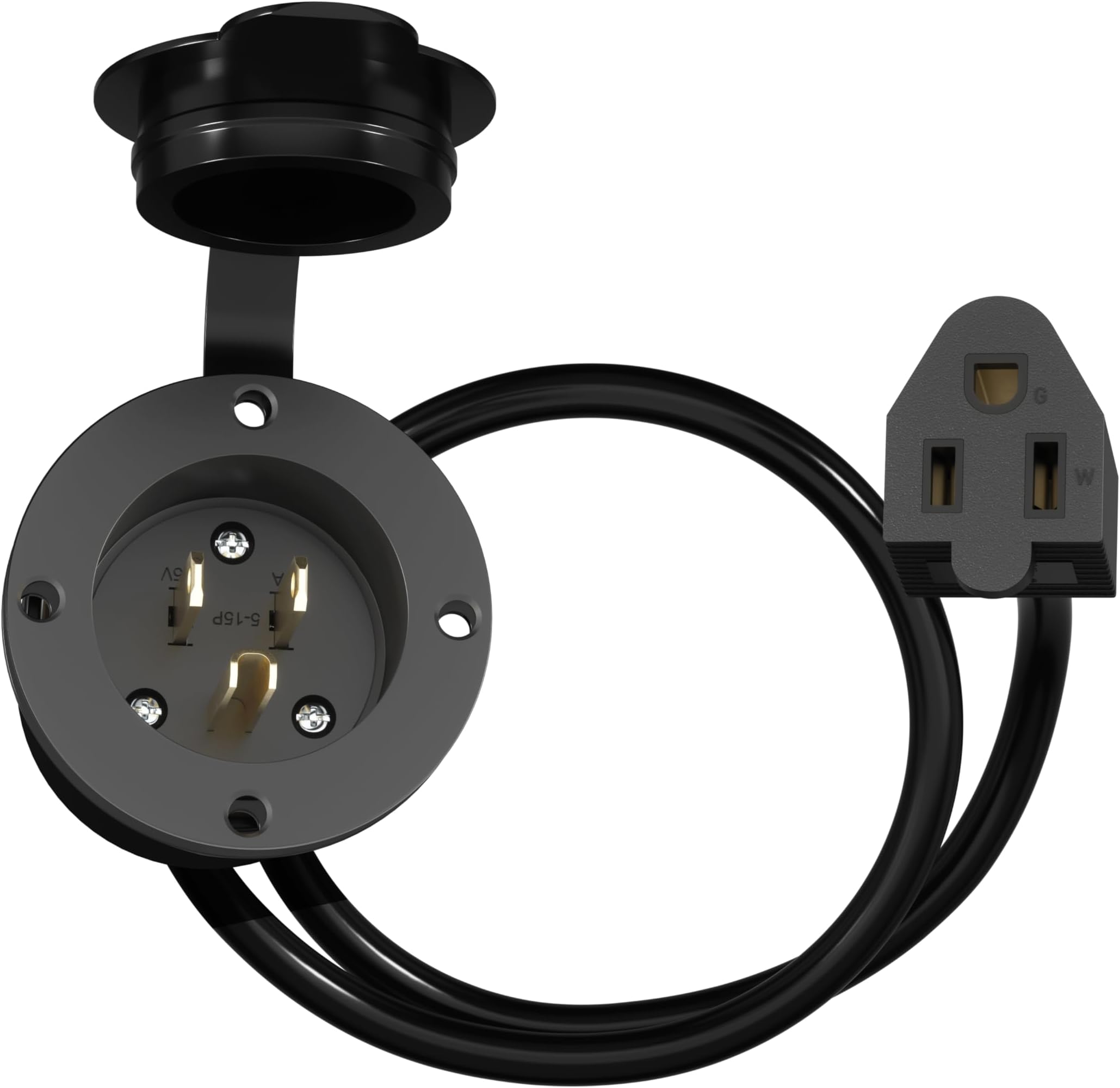 - ENERLITES 15Amp 125V Power Inlet Port Plug, Flanged Inlet with Integrated 18” Extension Cord(14 AWG) for RV, Boat, Generator, NEMA 5-15, Waterproof Cover, Male Connector Plug, No Wiring