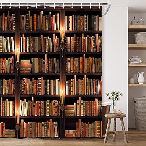 BCNEW Vintage Bibliothek Bücherregal DuschvorhangSets Kinder pädagogisches Bücherregal Retro Bohemian Hippie Bücherregal Kunst Wand Hintergrund Polyester Stoff Badezimmer Dekoration 177 × 178 cm mit Cover