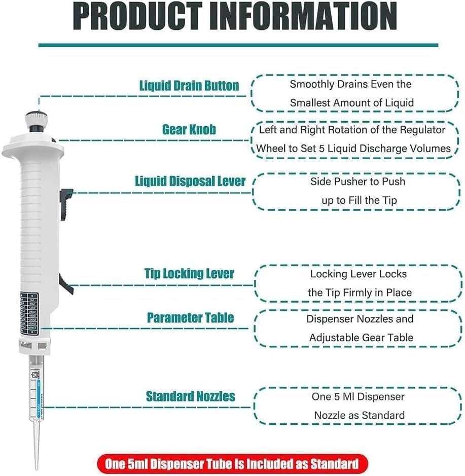 Pipetta a canale singolo da 0,5 ml-50 ml, micropipetta da laboratorio con punte per pipette da 5 ml, pipette continue passo-passo a 5 marce, per chimica, industria, ricerca scientifica