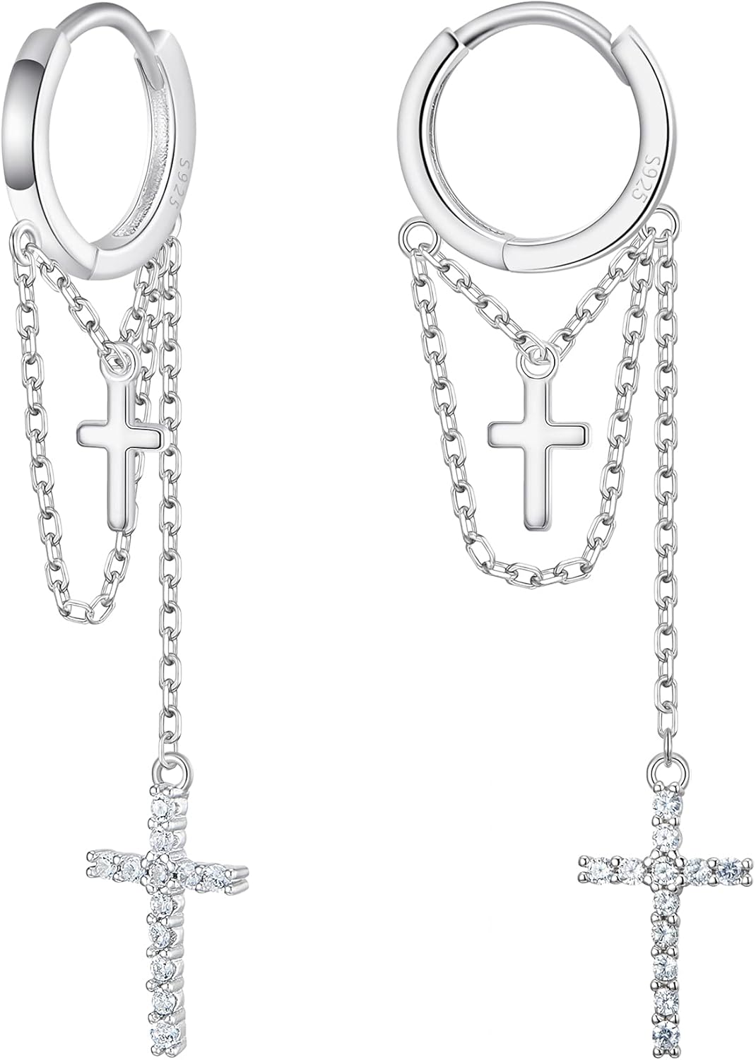 EVER FAITH Tassel Long Chain Earrings, 925 Sterling Silver White CZ Double Cross Dangle Hoop Earrings for Women