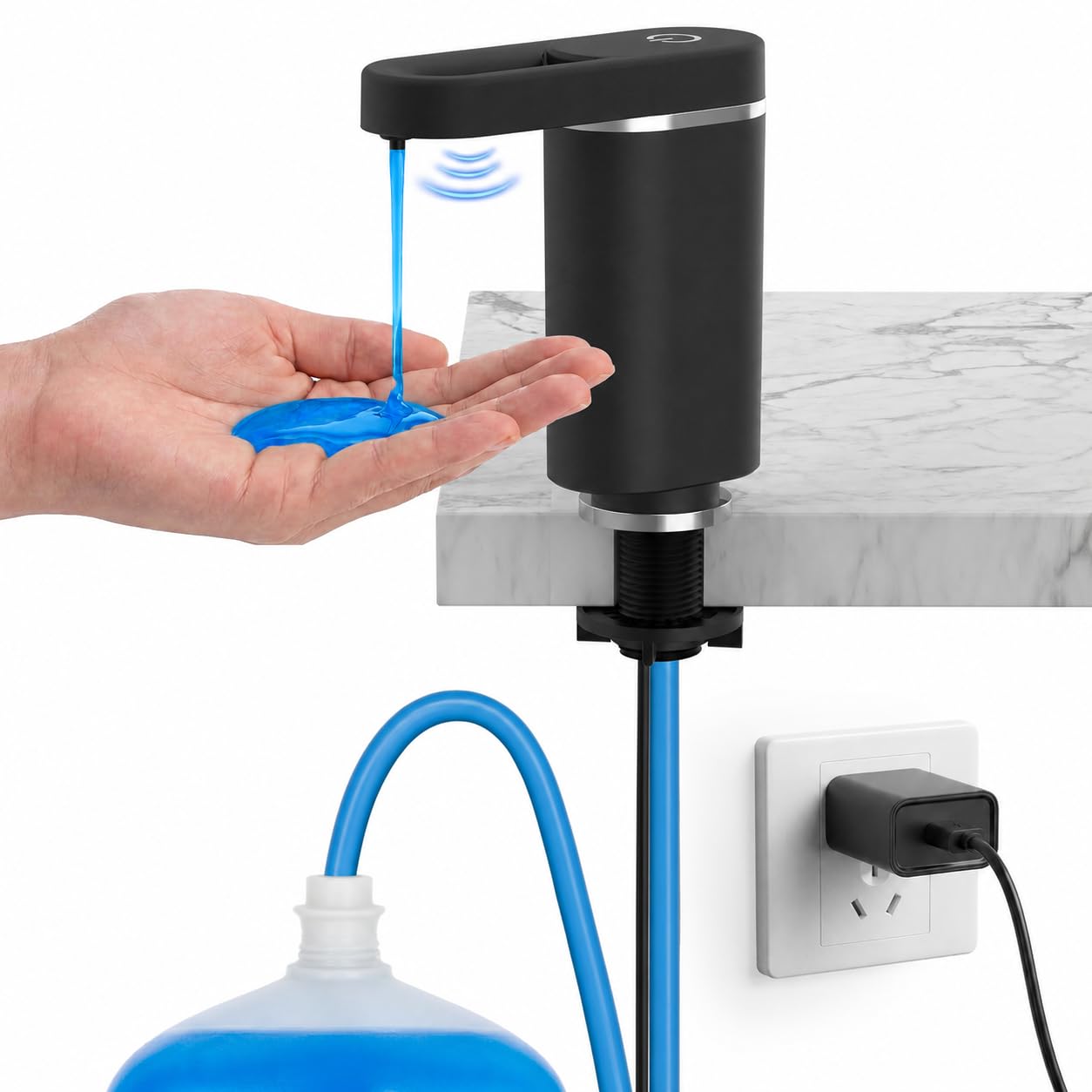 APEKX Dispenser automatico di sapone per piatti senza tocco: pompa elettrica per lavandino, a prova di perdite, universale, tubo da 89 cm, facile da installare, design elegante per cucina e bagno