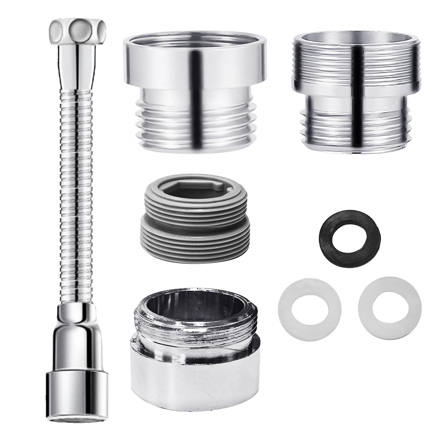KRYMSON 1 extensión de grifo (20 cm, acero inoxidable) y 2 adaptadores de grifo (24 mm/22 mm exterior, 20 mm interior), adecuado para cocina, baño, inodoro