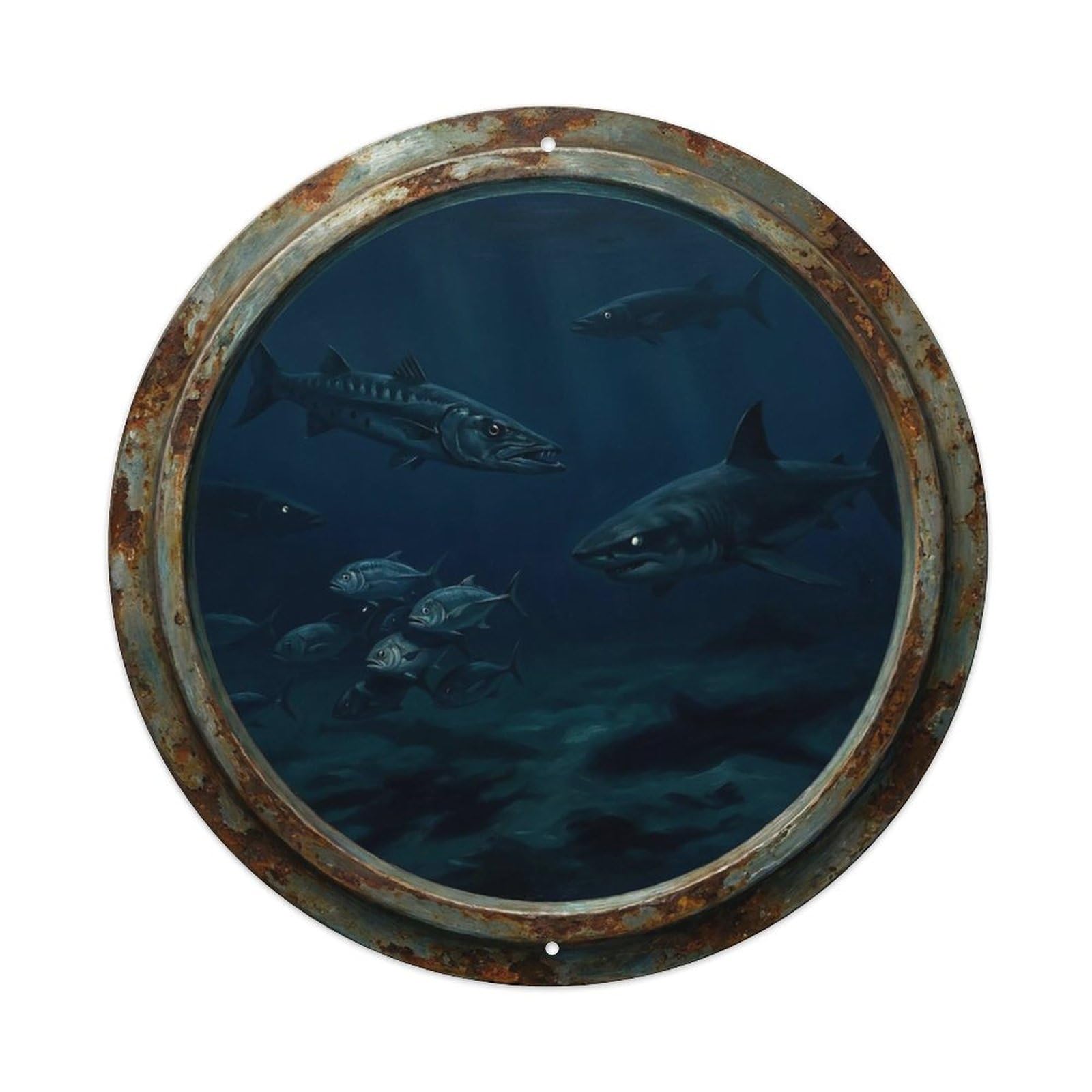 Vintage Porthole Predator Stalking Ship Window Under Deep Metal Tin Sign