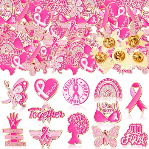 Image of Landical 60 Pcs All Cancer Awareness Pins Bulk Breast Cancer Awareness Lapel Pins Pink Multicolor Ribbon Items Supplies for Hats Backpacks Clothing Women Gifts
