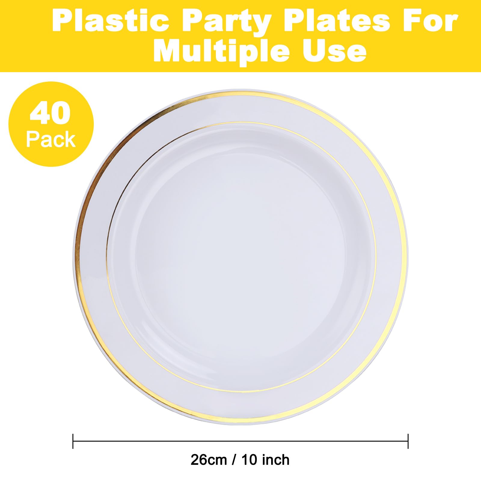 40er-Set 26cm Weiße Plastikteller, Mehrweg Kunststoffteller, Plastikteller Mehrweg, Partyteller Partygeschirr Plastikgeschirr, Partyteller mit Goldrand für Hochzeiten, Geburtstage, Partys