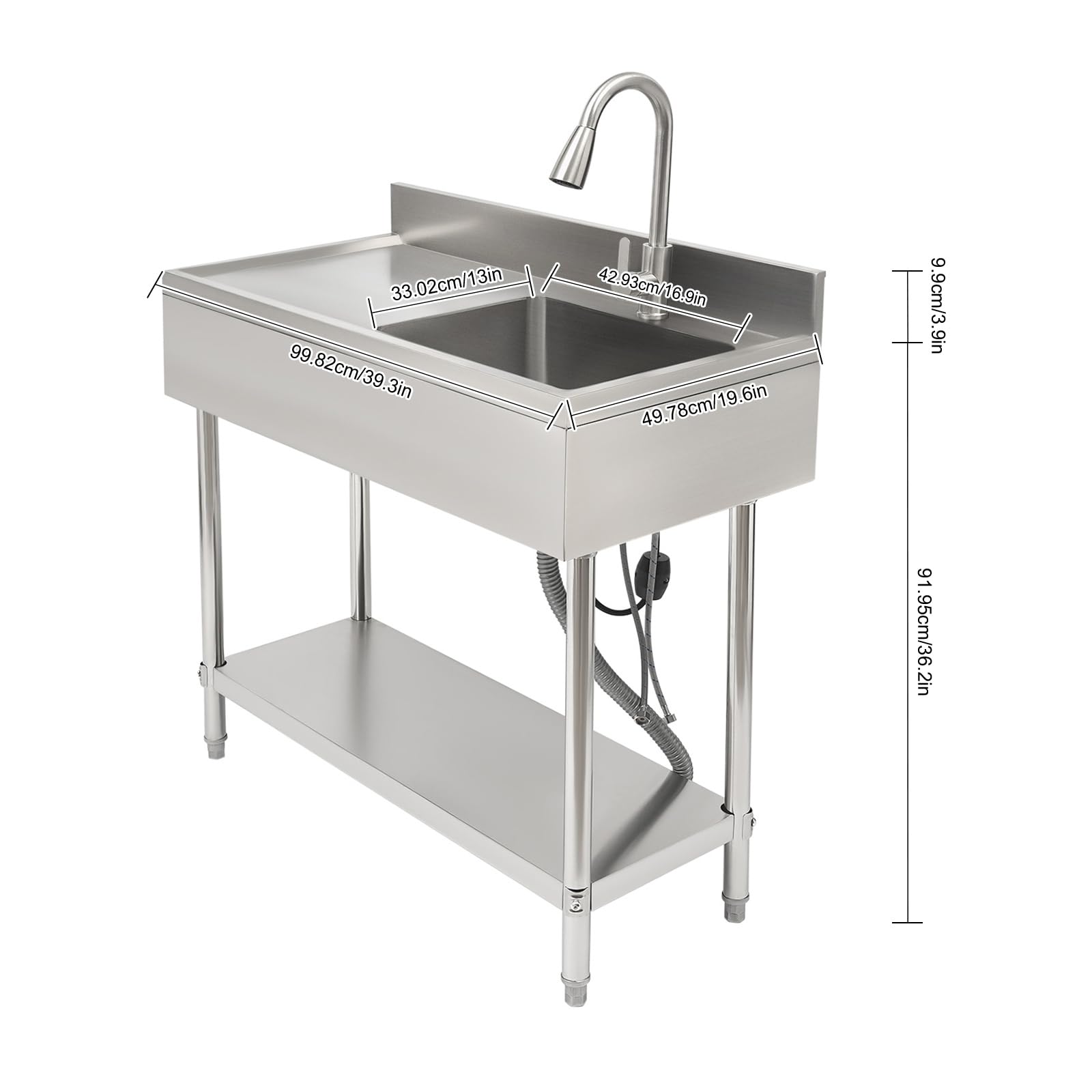 BANEBONE Commercial Stainless Steel Sink - Free Standing Restaurant Kitchen Sink Set with 360° Pull-Out Faucet, Heavy-Duty Storage Shelf - Rustproof & Easy Clean for Restaurants, Cafeterias