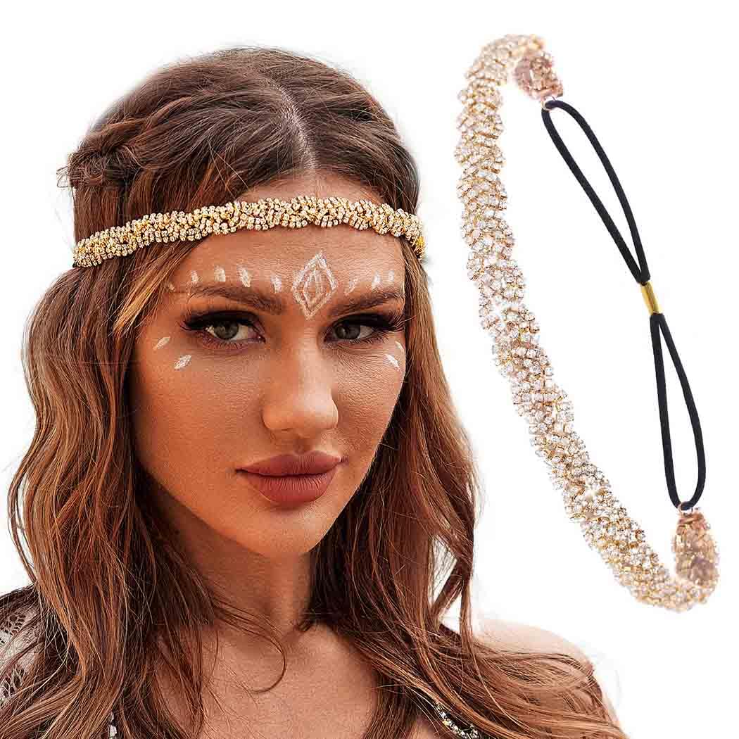 Fstrend Gold Elastic Rhinestone headbands Sparkly Crystal Braid Headpiece for Women (Gold, M)