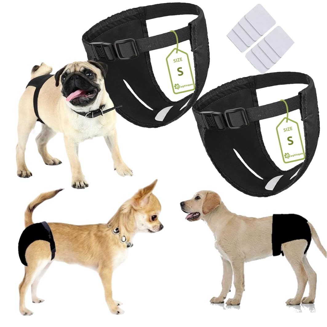 WagVogue Bragas Perras Menstruales. Braguitas Perro Celo Hembra. Braga Perro Celo Hembra. Bragas para Perros Celo Hembra- 2 uds Incluye 8 Toallas SANITARIAS, Talla S, Negro