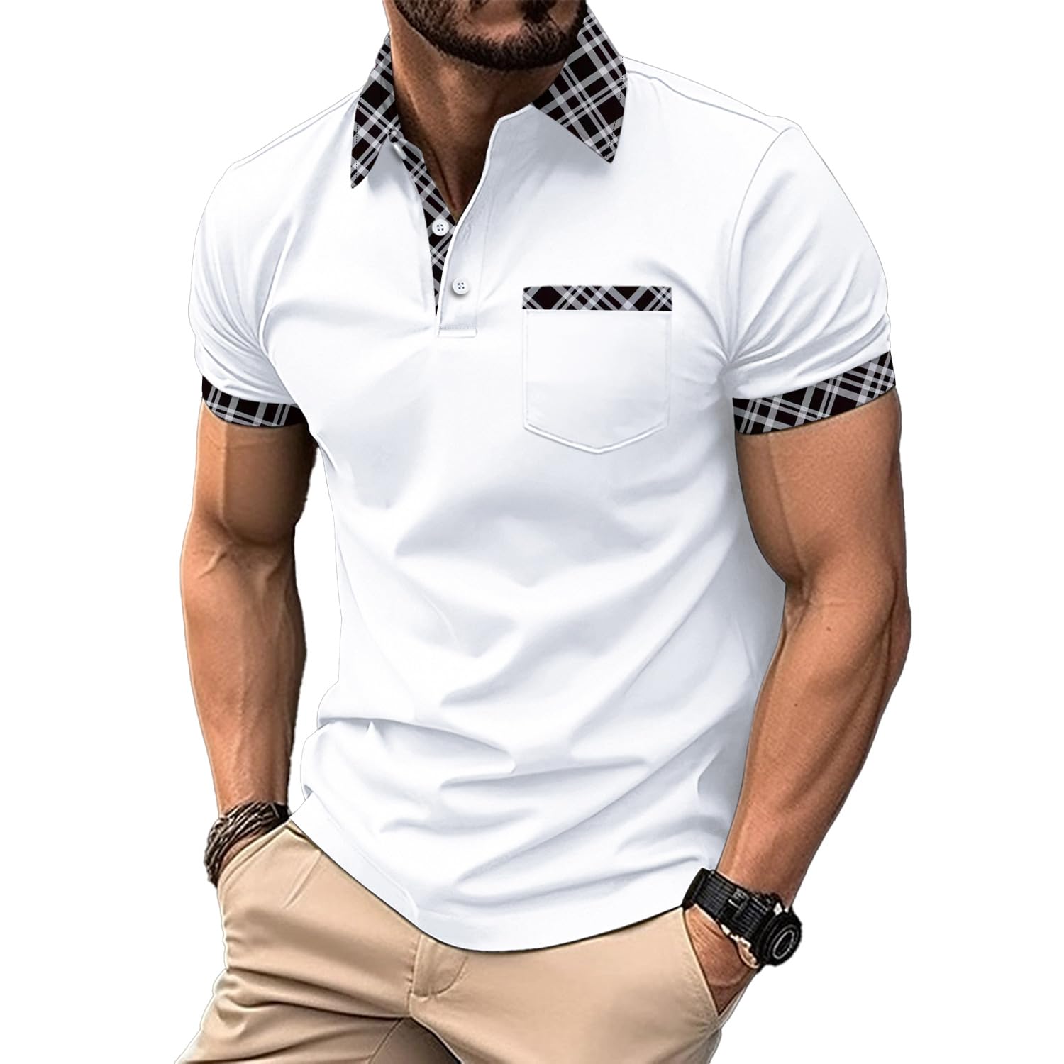 Mens Casual Polo Shirts Short Sleeve Button Golf Slim Fit Shirt with Pocket & Collar Lightweight Spring Summer Stylish Tops