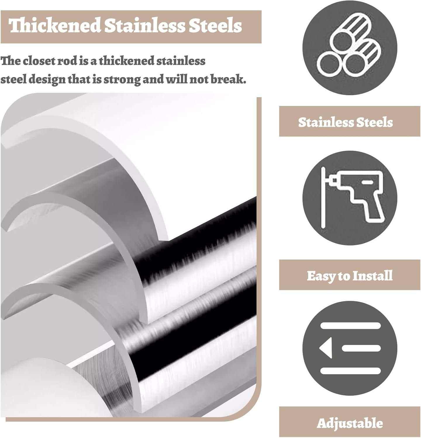 Adjustable Retractable Rod for Curtains & Hanging Clothes, Wardrobe Bracket Metal Rod Holders No Drill, Heavy Duty Extension Pole for Closet(White,130-230cm(51"- 90"))