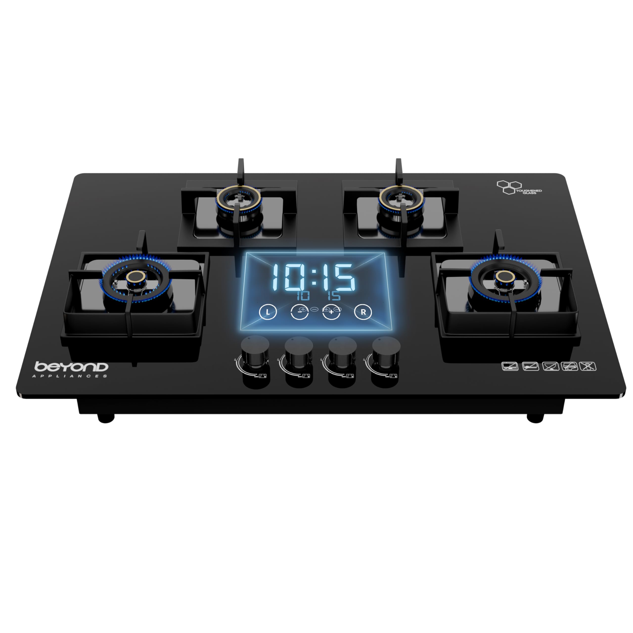 Beyond Appliances Dorado 4 Burner Smart Glass Hobtop Gas Stove | Auto Ignition | Digital Timer | Flame Failure Device | Toughened Glass | LPG & PNG Compatible