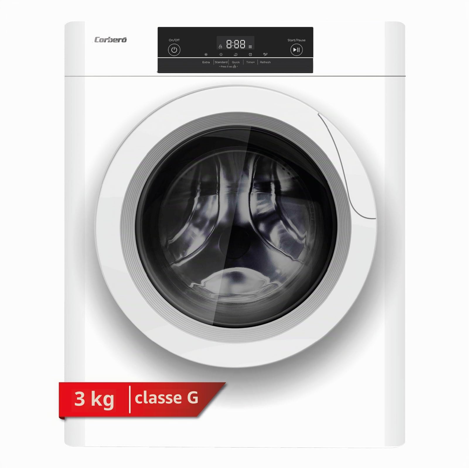 Corberó CSM320W Sèche-linge d'évacuation Charge avant, 3 kg, Évacuation, Affichage LED, Blanc, 5 programmes, séchage rapide 45 min, ouverture 180°, 65dB, Efficacité énergétique C