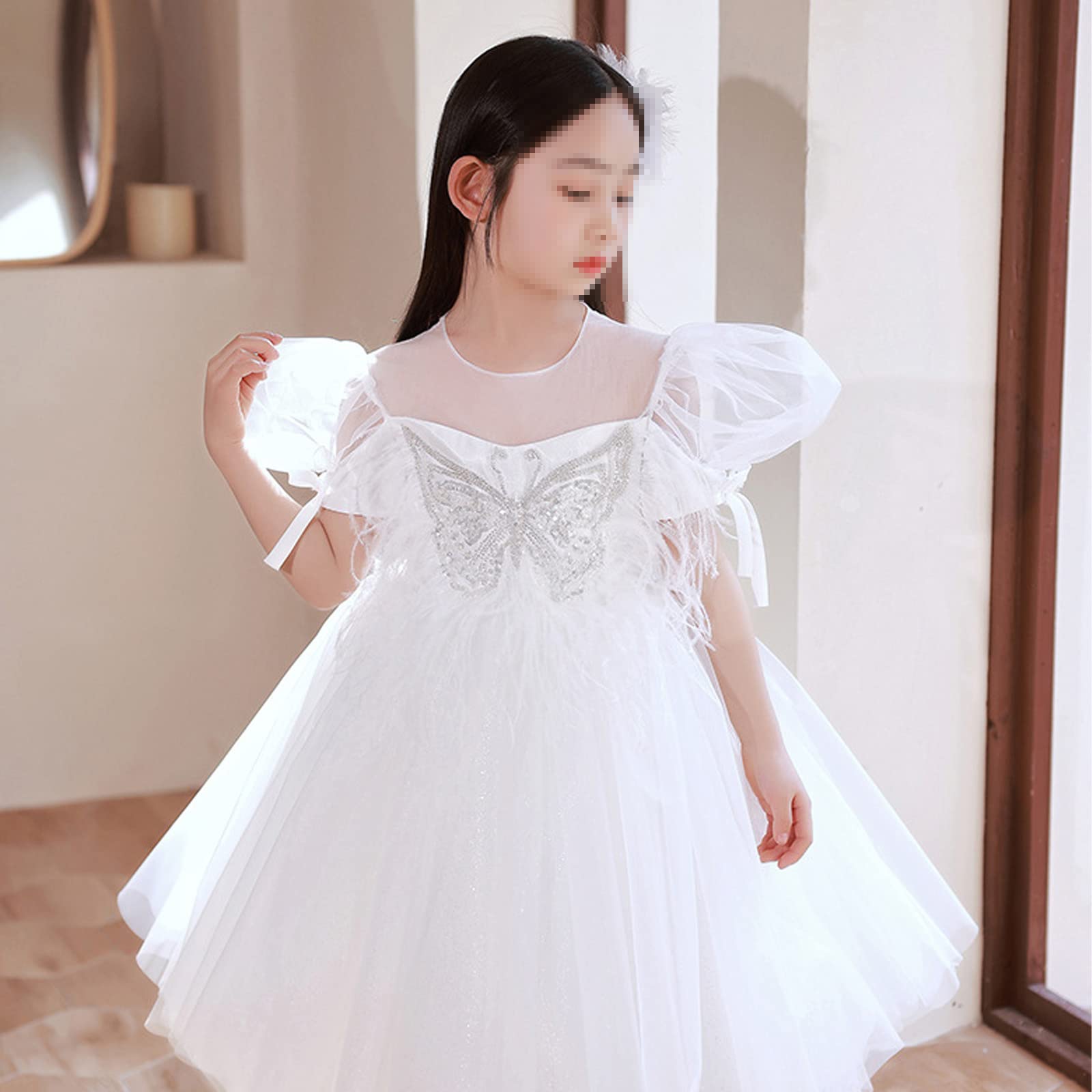 Mädchenkleider Hochzeitsfest -Spitzen -Pailletten Tüll -Promkleid Elegante Puffärmel -Kleid Für Hochzeit Geburtstag Brautjungfer Festzug Prom Fotografie Besondere Anlass,Weiß,120cm
