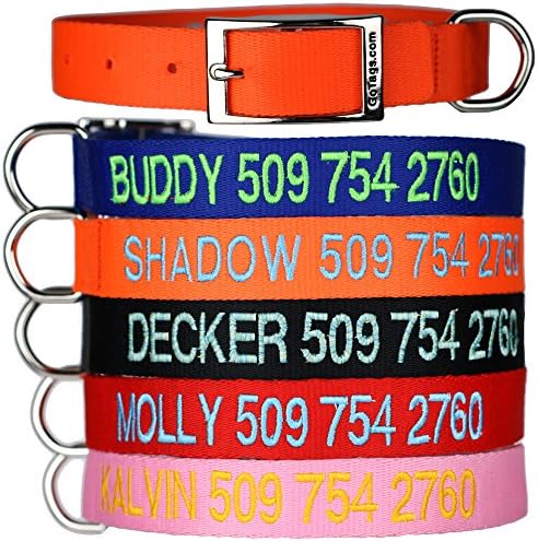GoTags Custom Embroidered Dog Collar with Metal Buckle, Personalized Dog Collar with Pet Name and Phone Number, 10 Collar Sizes for Puppy and Dogs Extra Small, Small, Medium or Large