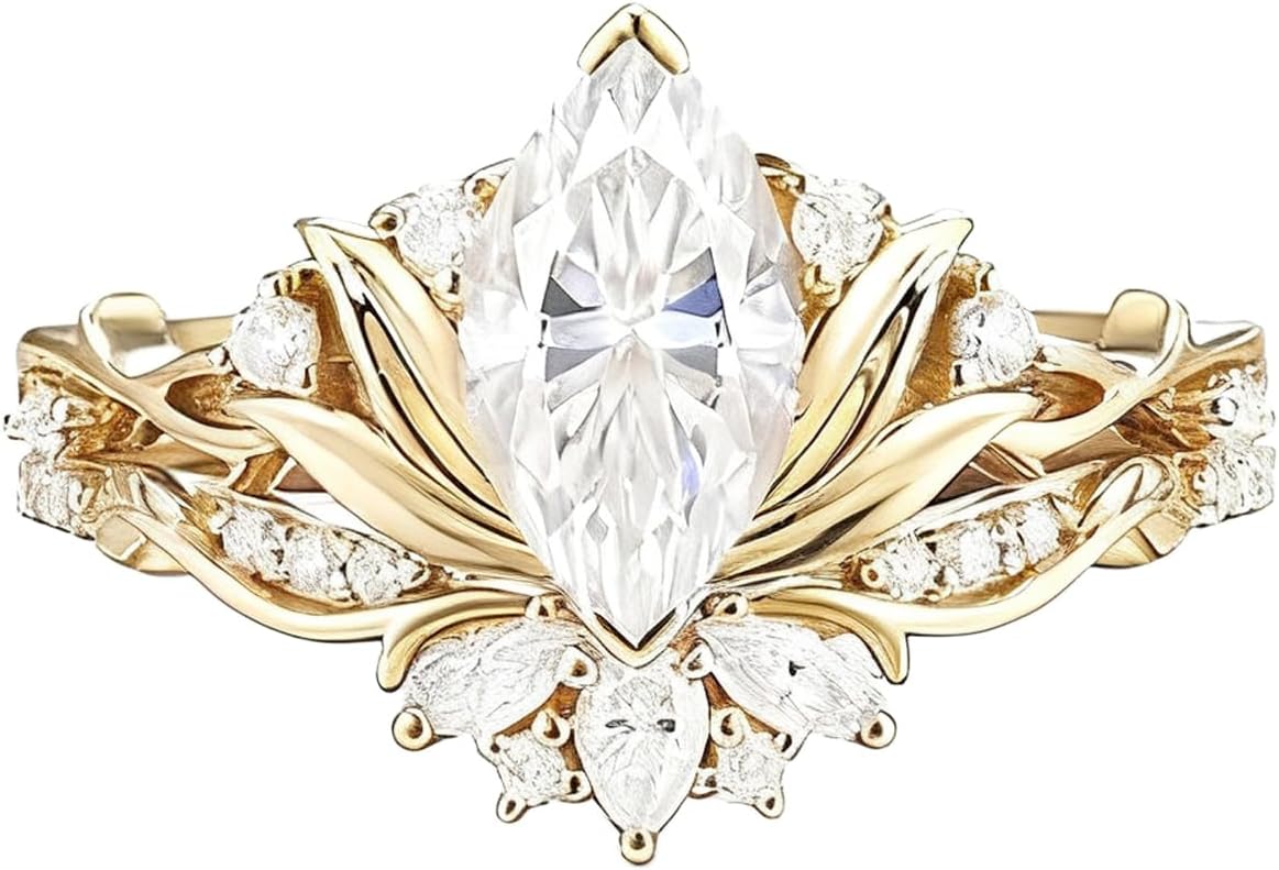 10k/14k/18k Solid Gold Moissanite Wedding Ring Set for Women,1-3 CT Marquise/Round/Pear Cut Moissanite Bridal Ring Set,Engagement/Anniversary Band Set for Wife Girlfriend,Free Engraving