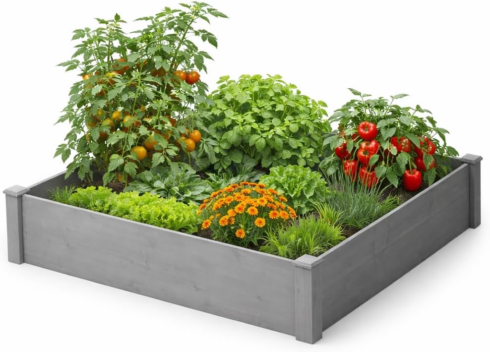 Raised Garden Bed 48x48x10 Inch, Solid Wood Outdoor Planter Box Over Floor, Tool-Free Quick Assembly, 2.4" Legs, 0.7" Panels, 300 lb Capacity, Gray