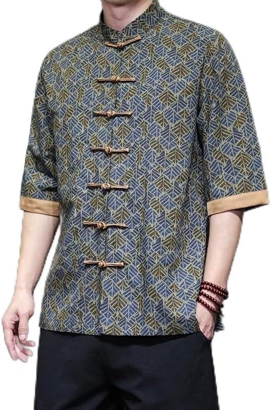 Summer Shirts for Man Chinese Style Cotton Linen Man Printed Tang Suit Short Sleeve Shirt