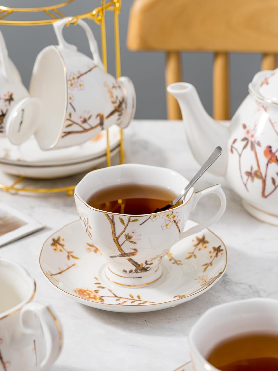 Jusalpha Fine China Bird Tree Pattern Coffee Cup/Teacup Set, 8 OZ Cups& Saucer Service for 4, with Teapot-Sugar Bowl-Cream Pitcher Teaspoons and tea strainer for Tea/Coffee, 17-Pieces (Bird Tree)