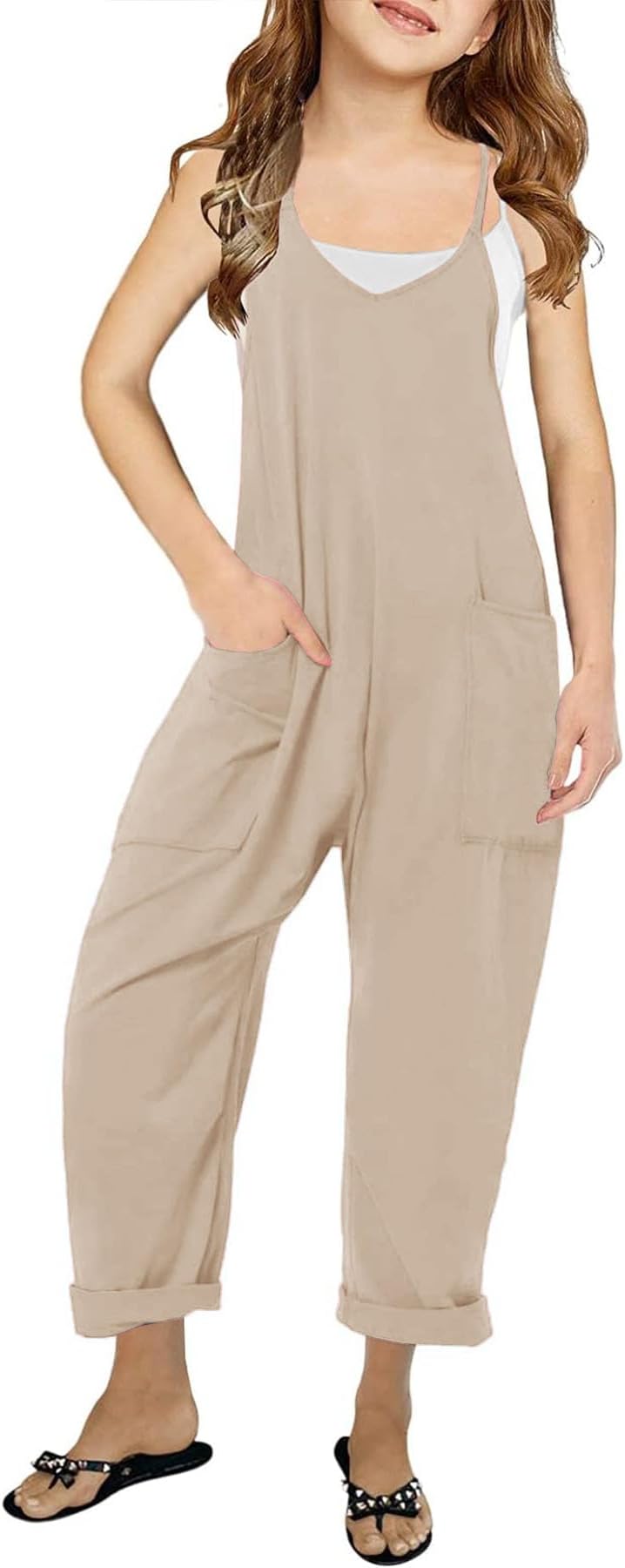 Girl's V Neck Sleeveless Jumpsuits Spaghetti Straps Harem Long Pants Rompers With Pockets