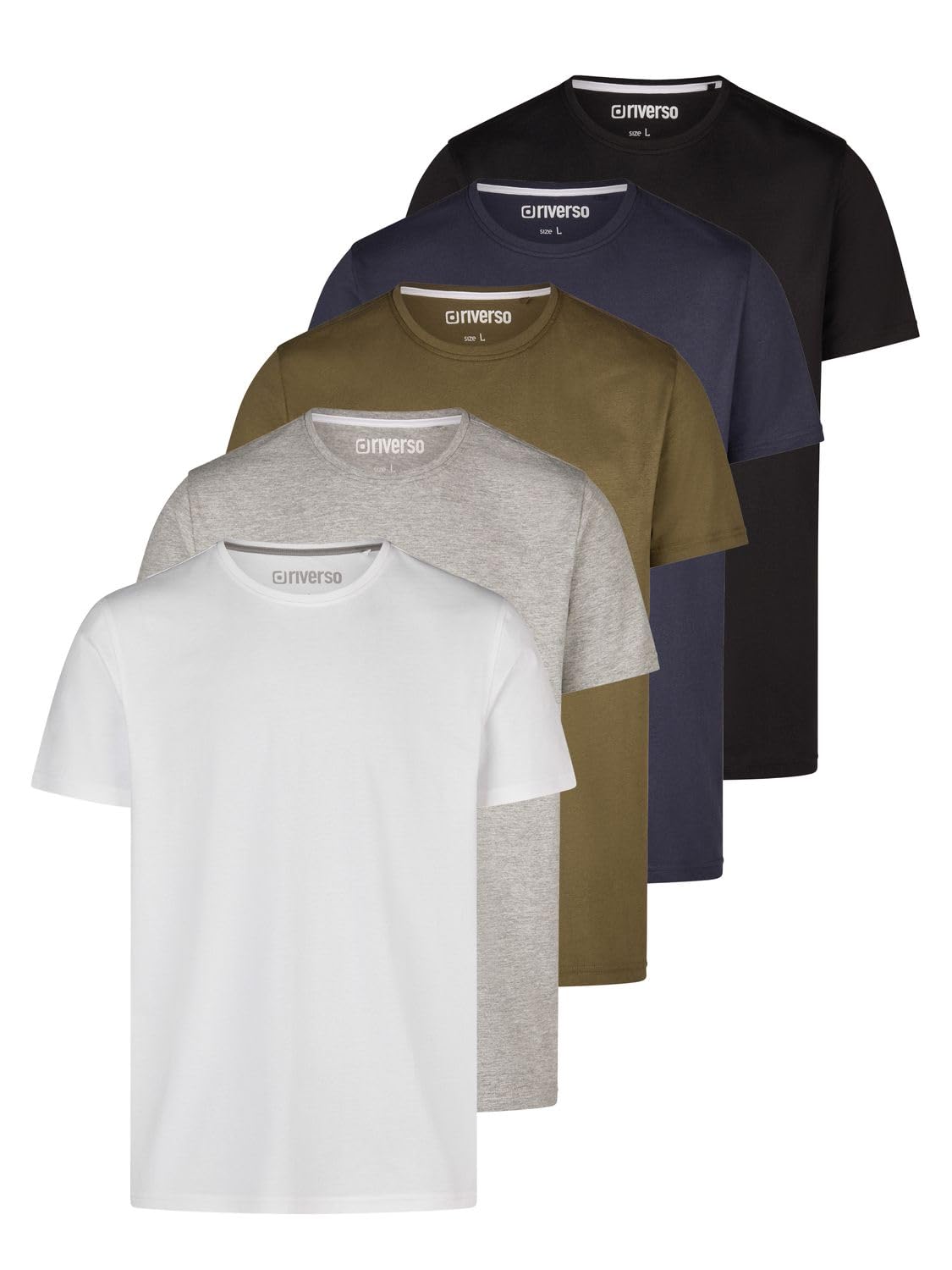 riverso RIVDean T-shirt męski, regularny krój, zestaw 5 sztuk, okrągły dekolt, krótki rękaw, na lato, czarny, biały, beżowy, zielony, szary, niebieski, S M L XL XXL 3XL 4XL 5XL