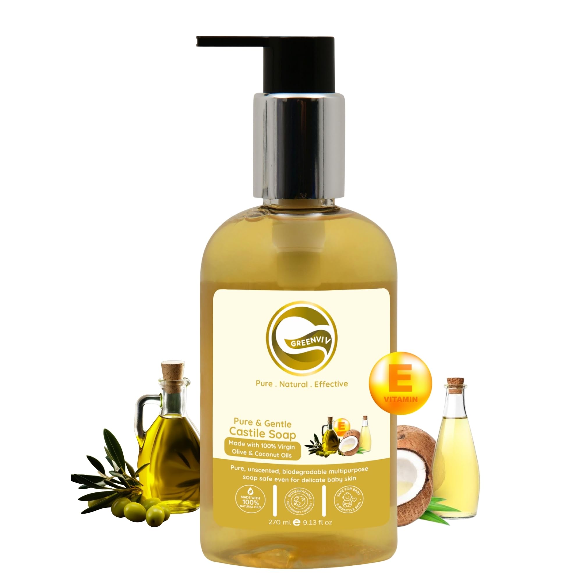 Greenviv Natural Pure Liquid Castile Soap Unscented | Gentle, Safe & Multipurpose Biodegradable Cleanser | Ideal for Sensitive Skin, DIY & Soap Base | Sulphate & Paraben-Free | 270 ml