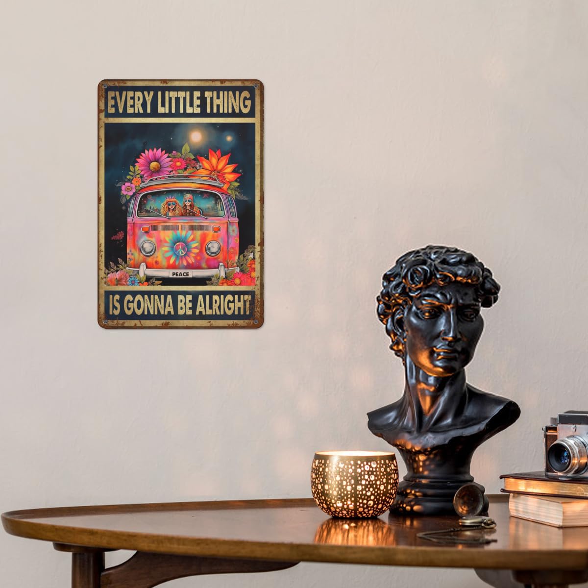 Cartel De Hojalata Divertido Con Texto En Inglés «Everything Little Things Gonna Be Alright», Autobús, Hippie, Paz, Girasol, Pub, Novedoso, Café, Bar, Club, Pared, Patio, Jardín, Granja, Hombre